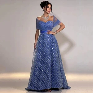 Blue Evening Dresses Off Shoulder Sweetheart Sequined Lace A-line Party Gowns - Picture 1 of 8