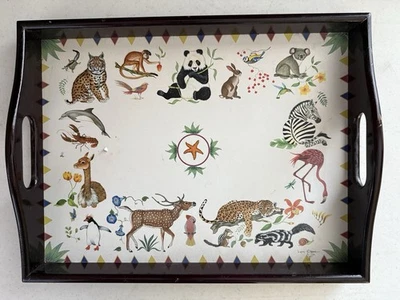 LYNN CHASE HARMONY 16x12 BLACK LACQUER WOOD SERVING TRAY w HANDLES - Image 1 of 4