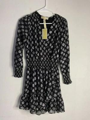 Vestido Michael Kors En Capas de Gasa Calce y Acampanado Negro Plata Lunares Pequeño P/S Foto 1 de 4