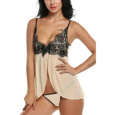 Womens Sexy-Lingerie Babydoll Open Front Mini Teddy Dress G-string Set Sleepwear - Image 1 of 4