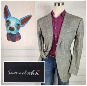 Samuelsohn Mens 3 Button Blazer Suit Jacket Gray Glen Check Wool Size 46L - Picture 1 of 20