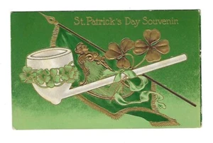 c1910 St Patrick's Day Postcard Gold Harp, Clay White Pipe, Irish Flag - Picture 1 of 2