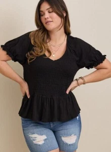 Top babydoll donna Torrid cotone modal slub manica corta fumè nero più 5X  - Foto 1 di 7