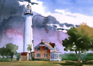 Faro de la isla de San Simón, paisaje de Georgia. Impresiones en acuarela de James Mann - Imagen 1 de 2
