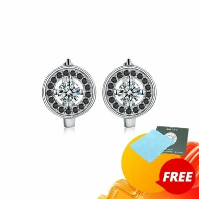 925 Sterling Silver Round Hoop Earrings Black Spinel Earring Studs Women Jewelry - image 1 of 4