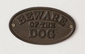 Cast Iron Beware of Dog Sign Oval Wall Door Gate Plaque Rustic Brown Décor - Picture 1 of 6