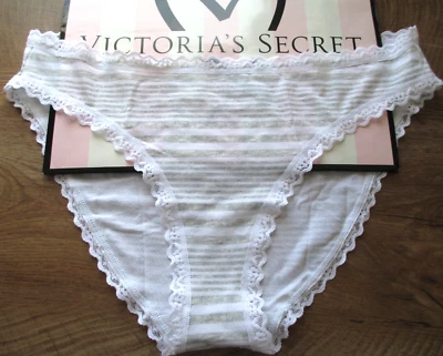 Braguita de bikini de algodón VICTORIA'S SECRET VS ribete de encaje S M L XL blanco gris a rayas Foto 1 de 4