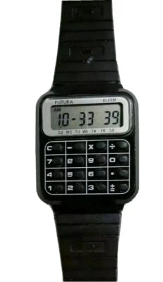 Vintage Futura Calculator Watch Alarm Black Resin Band Silver Accent Men Women - Image 1 of 4