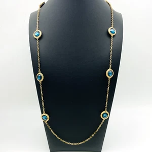 Blue Glass Station Necklace Gold Tone Signed OOH LA LA - Picture 1 of 7