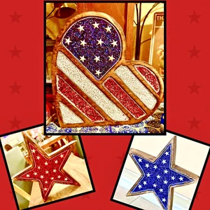 Beaded Wood Heart Stars SET July 4th Americana Patriotic Tier Shelf Tabletop NEW - Photo 1 sur 5