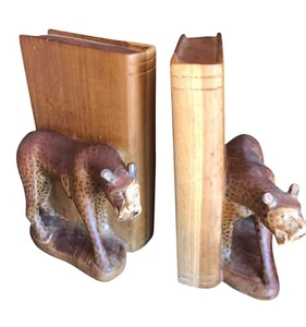 Carved Wooden Tiger Bookends PAIR 2ct African VTG Handmade - Picture 1 of 14