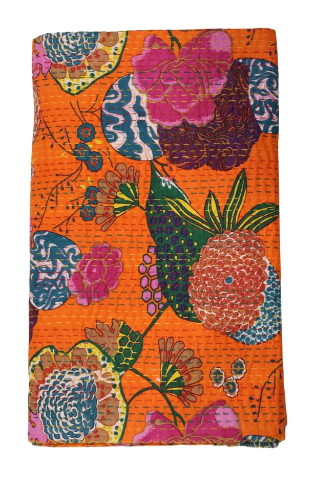Indian Handmade Floral Cotton Kantha Quilt , Bedspread , Throw Blanket - Image 1 of 1