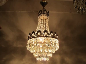 Antique French Basket Crystal Chandelier Brass Ceiling Lighting | 1960's - Picture 1 of 10