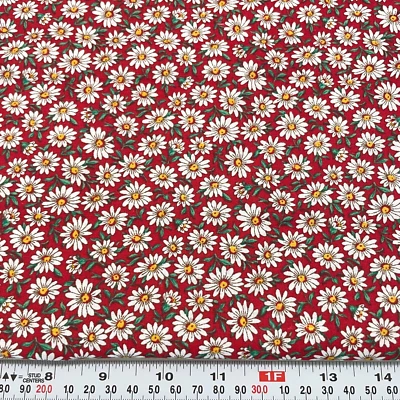 Vintage Joan Kessler Concord Daisy Floral on Red Cotton Fabric Remnant 11" x 44" - Image 1 of 2
