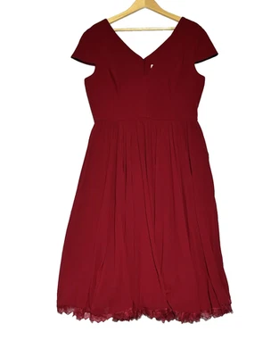 Vestido Dress the Population Corey XL Granate Rojo Gasa Midi Manga Gorra Ajuste Acampanado Foto 1 de 4