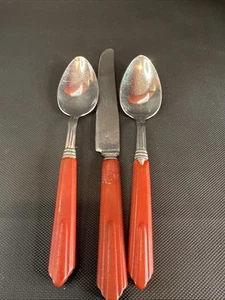 ROYAL BRAND vintage mid-century flatware red Bakelite handles 3 pc set Spoons Kn - Picture 1 of 8