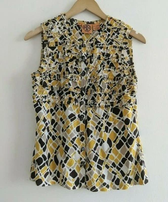 Tory Burch Logo Geometric Ruffle Tank Top Sz 8 silk brown yellow white EUC - Image 1 of 4