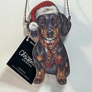 Daschund Dog Wooden Christmas Ornament Santa Hat 4.5" Weiner Brown Black New - Picture 1 of 2