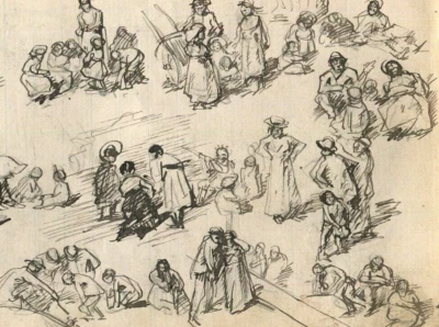 Scène de genre dessin original à l'encre vintage, croquis, figurines impressi... - Photo 1/4