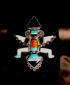Zuni Sterling Silver Spiny Oyster Turquoise Black Onyx Knifewing Figure Pin #8 - Picture 1 of 10