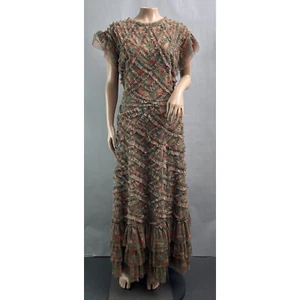 MacDuggal Dress Women 16 High Neck Ruffle Cap Sleeve Green Floral Maxi 8009 NWOT - Picture 1 of 13