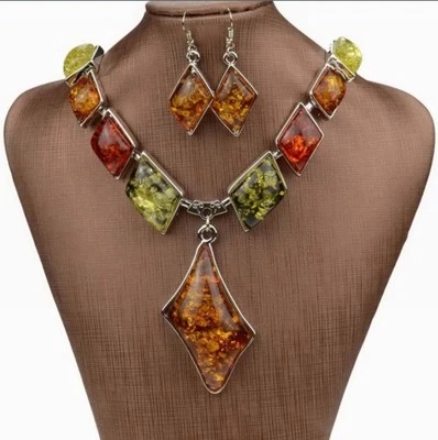 MODA Colar feminino azul e conjunto de brinco tons de terra âmbar prata novo sem etiquetas - Imagem 1 de 2