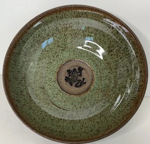 Signed Art Pottery Bowl Speckled Pattern Green Stamped Embossed Frog Bottom - Picture 1 of 10