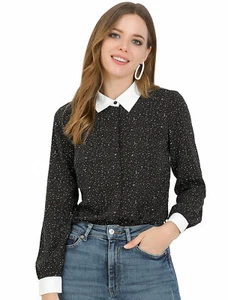 Allegra K Women's Dots Printed Point Collar Button Down Shirt Blouse - Picture 1 of 8