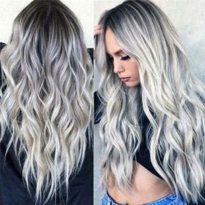 28" Womens Ombre Silver Long Curly Wigs Ladies Natural Wavy Hair Cosplay Wig .t - Picture 1 of 15