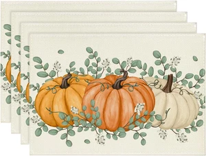 Orange Pumpkins Eucalyptus Leaves Fall Placemats Set of 4, 12X18 Inch Autumn Tha - Imagen 1 de 17