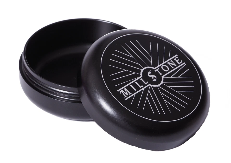 Millstone Tobacco Herb Storage Jar Metal Container Aluminum Tin Air Tight Black - Image 1 of 4