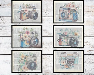 Vintage Kamera Wörterbuch Kunstdrucke Blumenmuster Aquarell Design Fotograf Geschenkset - Bild 1 von 6