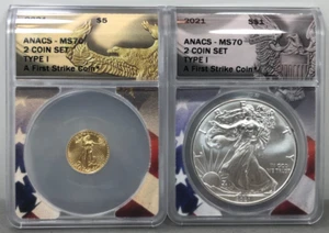 2021 T-1 American Gold & Silver Eagle 2 Coin Set ANACS MS70 FS ~ 1/10th & 1oz - Picture 1 of 9