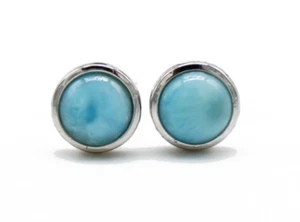 925 Sterling Silver Natural Larimar Post/Stud Earrings - 8mm Round Ball - Picture 1 of 2