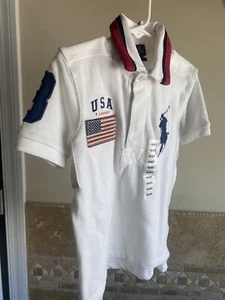 Polo Ralph Lauren Boys 4/4T White USA Polo Navy Blue Horse Emblem American Flag - Picture 1 of 6