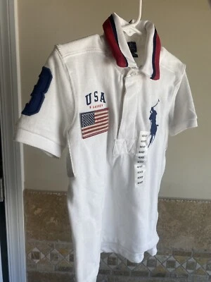 Polo Ralph Lauren Niños 4/4T Blanco EE. UU. Polo Azul Marino Caballo Emblema Bandera Americana Foto 1 de 4