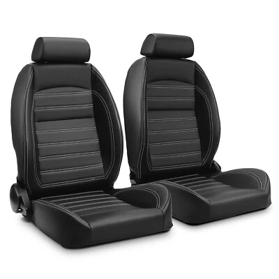 Asientos de coche de cuero PVC reclinables estilo OBS universales negros 1 par Foto 1 de 4