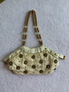Vintage Maggi B Evening Bag Cream Gold Beaded Handles Sequin Concho Lucite India - Picture 1 of 11