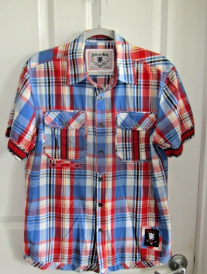 Attitude Gold Shirt Mens L Blue Plaid Short Sleeve Button Embellished - Image 1 of 4