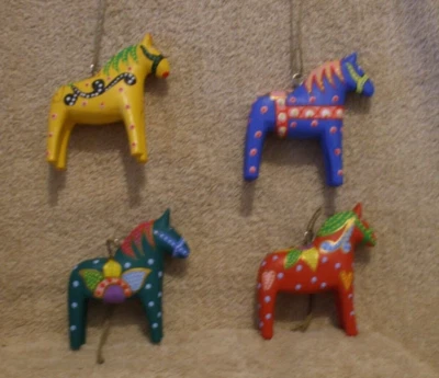 4 Pc Hand Painted Wood Dala Tradition Horse Christmas Ornaments, 4" Tall - NIB - Image 1 of 4
