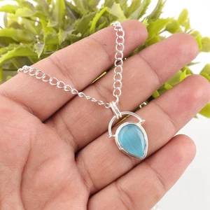 Blue Cat's Eye Gemstone 925 Solid Silver Pendant 1.01" Handcrafted Women Jewelry - Picture 1 of 6