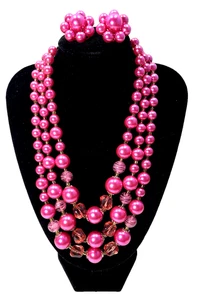 Vintage 3 Strang Japan Halskette Ohrringe Set Fuchsia Rosa Kunstperlen und Perlen - Bild 1 von 10