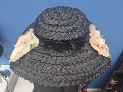 Antique vintage wide brim hat black straw/flowers velvet ribbon original 1940s  - Image 1 of 4