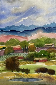 "Acuarela original Pamela Wilhelm 6""x9"" estilo arte popular campos graneros estanque" - Imagen 1 de 4