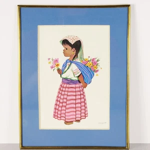 Luis Betanzos Vintage Mexican Folk Art Print Girl with Flowers Brass Framed 7x9" - Picture 1 of 9