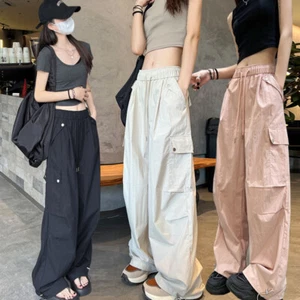 American Style Women Cargo Loose Fit Pockets Long Pants Wide Leg Trousers Summer - Picture 1 of 28