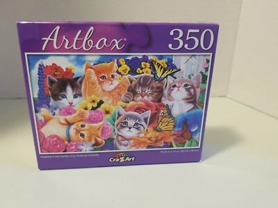 New In Box 350 Piece Art  Kittens At Play Colorful floral field outdoors puzzle  Foto 1 de 4