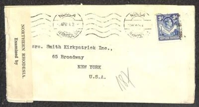 RODESIA DEL NORTE 34 SELLO SEGUNDA GUERRA MUNDIAL MILITAR NDOLA A NUEVA YORK CUBIERTA CENSURADA 1941 Foto 1 de 2