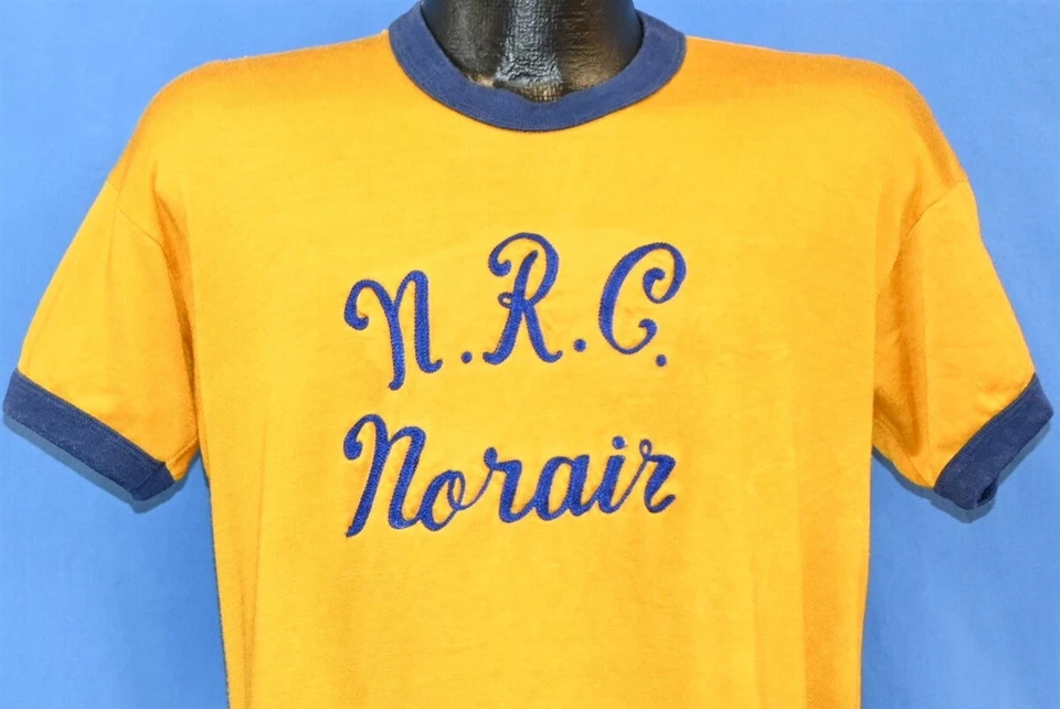 CAMISETA VINTAGE AÑOS 50 NRC NORAIR NÚMERO 5 AMARILLO AZUL MARINO TIMBRE GRANDE L  Foto 1 de 4