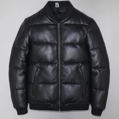 Mens Black Genuine Leather Lambskin Bomber Quilted Down Puffer Jacket  - Image 1 of 4
